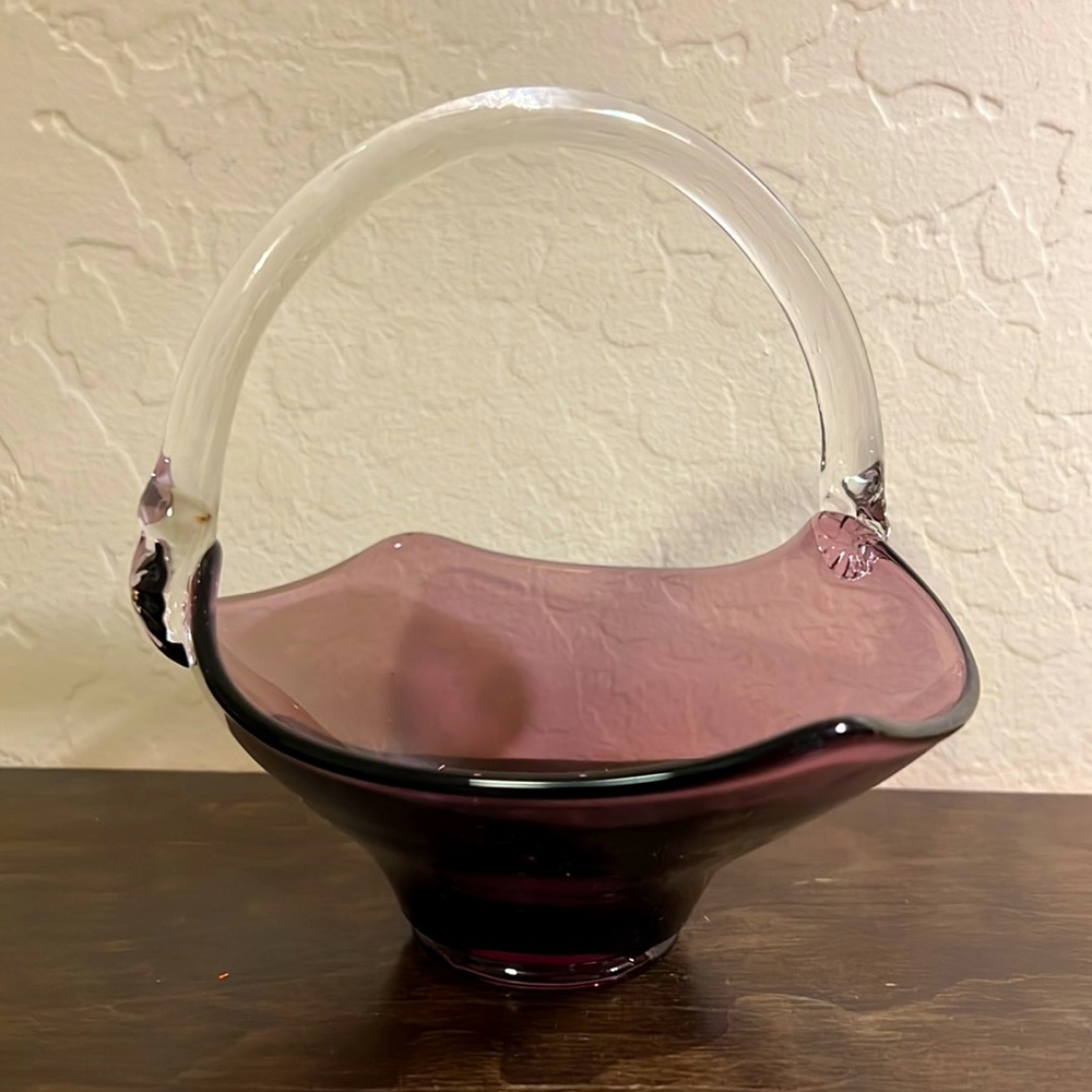 Viking Glass Basket. Amethyst and Clear Glass Vase. ~7 tall. 1960s Retro